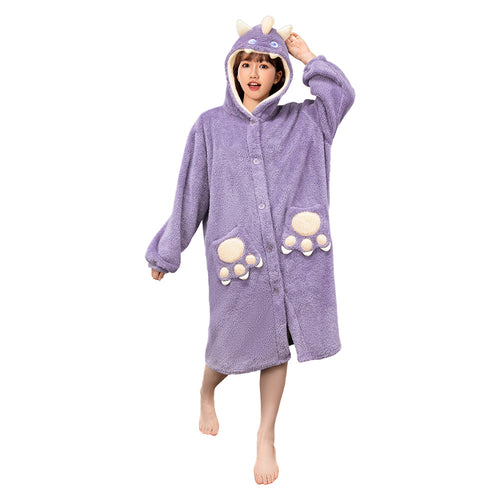 [OLAOLA] Costume Winter Lingerie Dinosaur Cute Adult Hooded Fluffy Pajamas Overalls Roomwear Warm Cold Protection Thick Hand Loose (JP, Alphabet, S, Purple