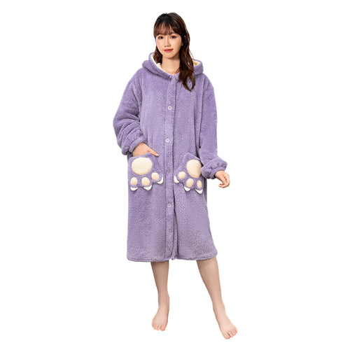 [OLAOLA] Costume Winter Lingerie Dinosaur Cute Adult Hooded Fluffy Pajamas Overalls Roomwear Warm Cold Protection Thick Hand Loose (JP, Alphabet, S, Purple