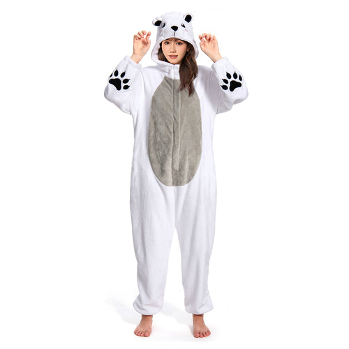Polar bear Cosplay Flannel Sleepwear Hooded Jumpsuit Costume Outfits Halloween Carnival Party Suit