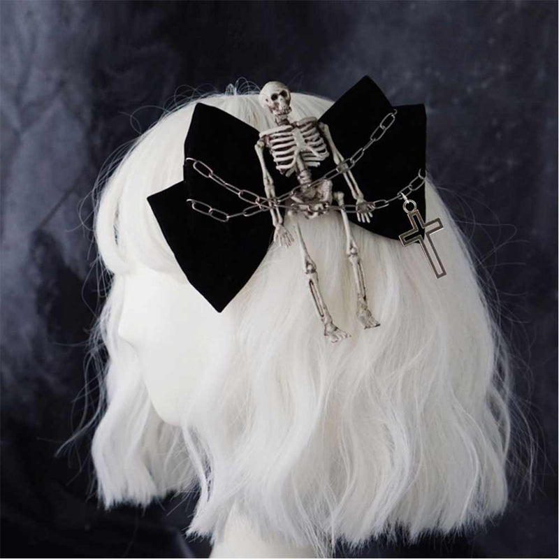 Punk Gothic Skull Skeleton Bow Hair Clip Halloween Carnival Costume Accessories