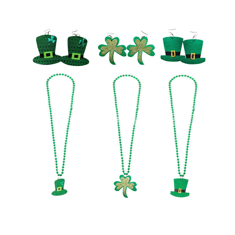 Saint St Patricks Day Green Hat Lucky Costume Accessories Celebration Carnival Props for Irish Fun Party Hats Necklace Earings Set