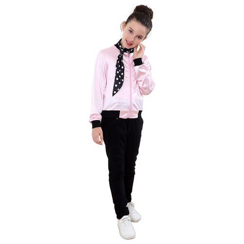 SeeCosplay Movie Grease Pink Ladies Silks and Satins Jacket Black Beam Kids