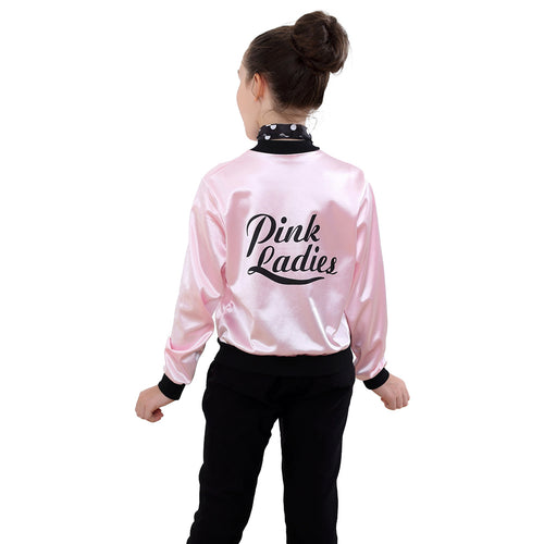 SeeCosplay Movie Grease Pink Ladies Silks and Satins Jacket Black Beam Kids