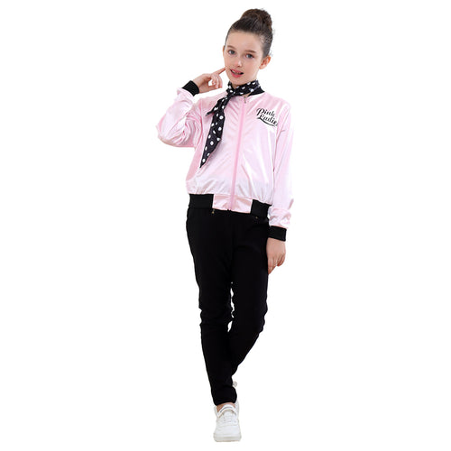 SeeCosplay Movie Grease Pink Ladies Silks and Satins Jacket Black Beam Kids