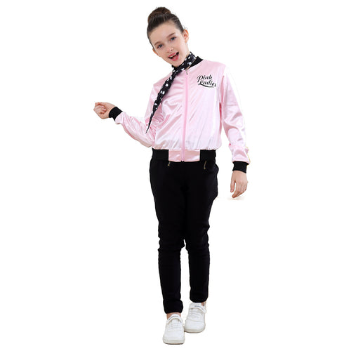 SeeCosplay Movie Grease Pink Ladies Silks and Satins Jacket Black Beam Kids