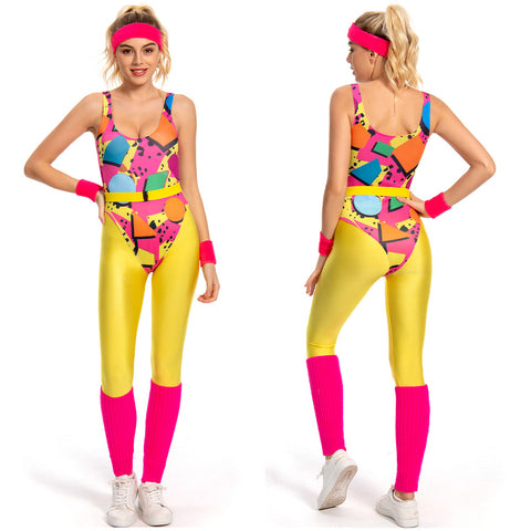 6Pcs/Set 80s 90s Legging Cosplay Costume Women Sportwear Headband Outfits Halloween Carnival Suit