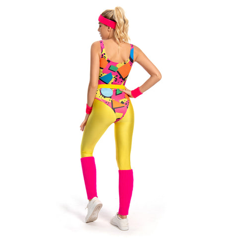 6Pcs/Set 80s 90s Legging Cosplay Costume Women Sportwear Headband Outfits Halloween Carnival Suit