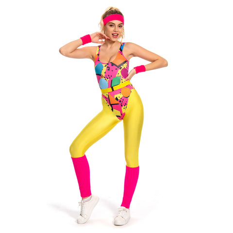 6Pcs/Set 80s 90s Legging Cosplay Costume Women Sportwear Headband Outfits Halloween Carnival Suit