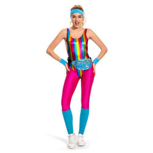 6Pcs/Set 80s 90s Legging Cosplay Costume Women Sportwear Headband Outfits Halloween Carnival Suit