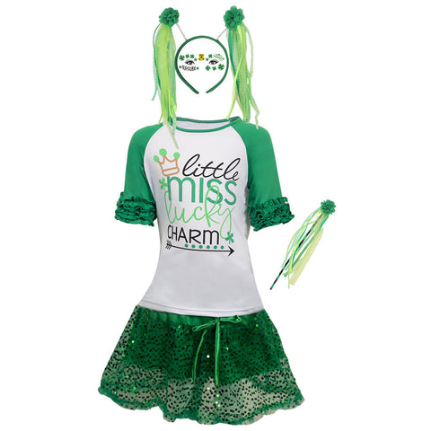 SeeCosplay St. Patrick's Day Kids Girls Cosplay Tutu Dress With Headband Magic Wand Stickers Full Set Halloween Carnival Costume