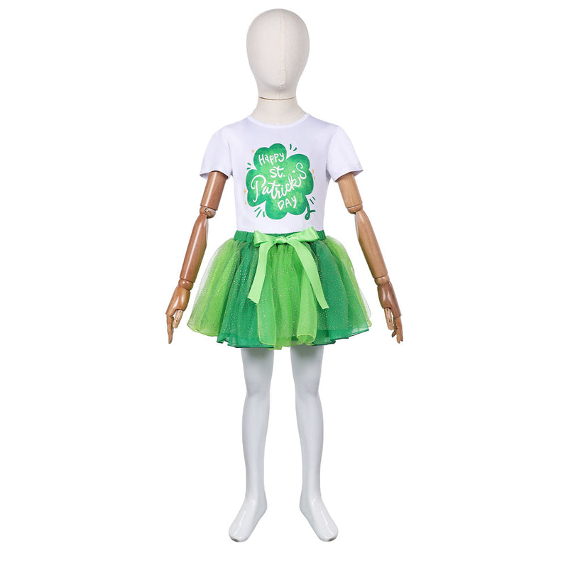 SeeCosplay St. Patrick's Day Kids Girls Green Clover Tutu Dress Skirt Set Cosplay Costume Outfits Halloween Carnival Suit