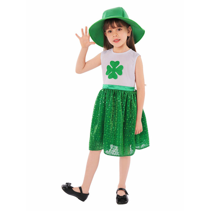 SeeCosplay St. Patrick's Day Kids Girls Sequin Dress Outfits Hat Dress Set Holiday Cosplay Costume Outfits Halloween Carnival Suit