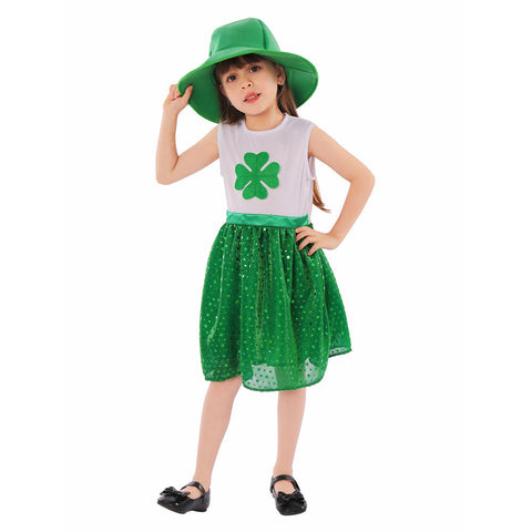 St. Patrick's Day Kids Girls Sequin Dress Outfits Hat Dress Set Holiday Cosplay Costume Outfits Halloween Costume GirlKidsCostume