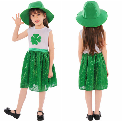 St. Patrick's Day Kids Girls Sequin Dress Outfits Hat Dress Set Holiday Cosplay Costume Outfits Halloween Costume GirlKidsCostume