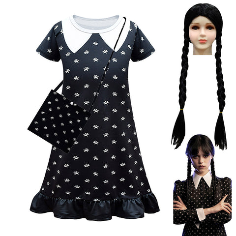 Wednesday Addams Cosplay Costume Dress Bag Wig Halloween Party Role Play Suit