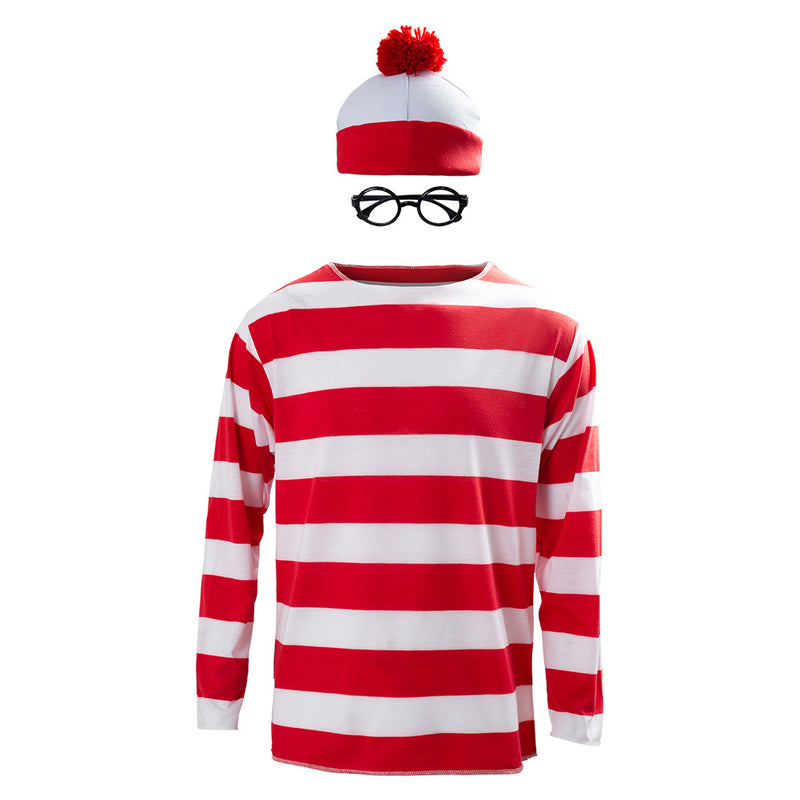 Where‘s Waldo Now Cosplay Costume Red White Stripes T Shirt Hat Glasses Outfits Christmas Halloween Party Suit