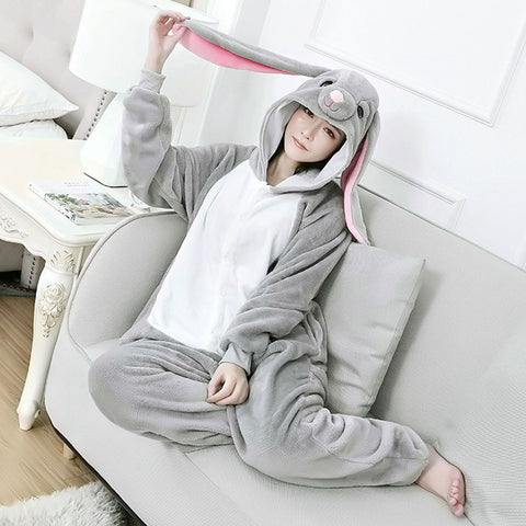 Winter Women Men Adults Pyjama Cartoon Rabbit Onesies Pajamas  Long Ear Bunny One-Piece Flannel Nightie Sleepwear