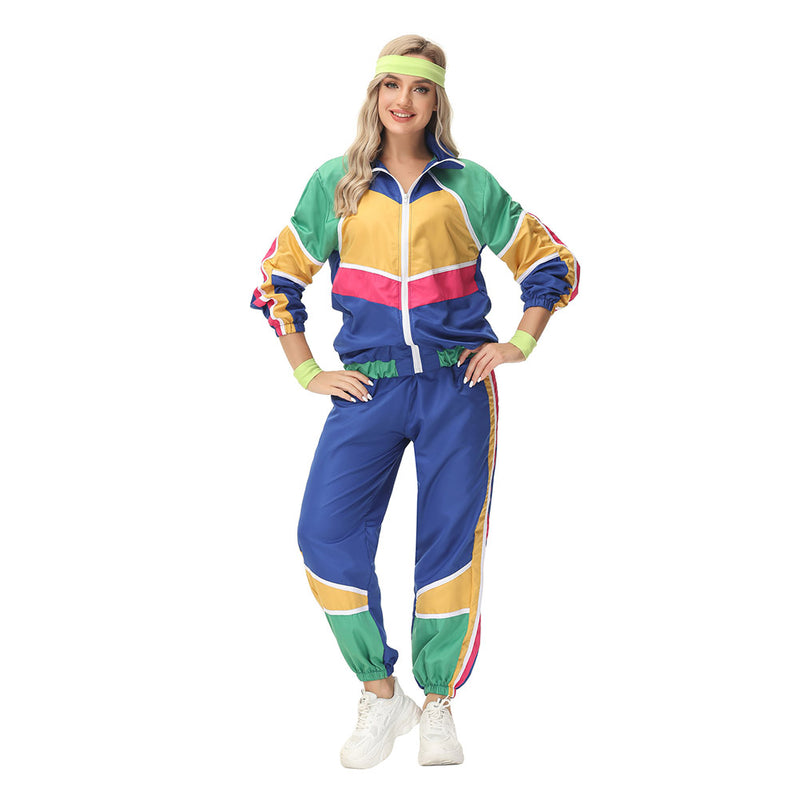 Women Retro Vintage hip-hop disco Cosplay Costume Jacket Pants Headband Sprotwear Outfits Halloween Carnival Suit