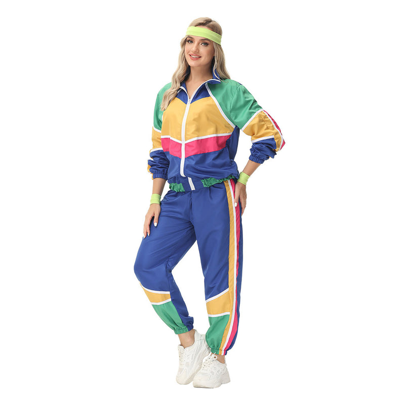 Women Retro Vintage hip-hop disco Cosplay Costume Jacket Pants Headband Sprotwear Outfits Halloween Carnival Suit