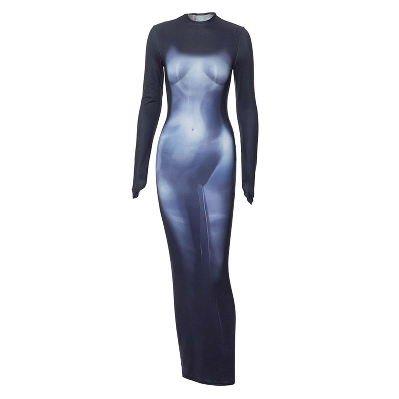 Y2k 3D Body Print Maxi Dress Long Sleeve Stretchy Midi Dress body print dress Cosplay Costume Outfits Halloween Carnival Suit