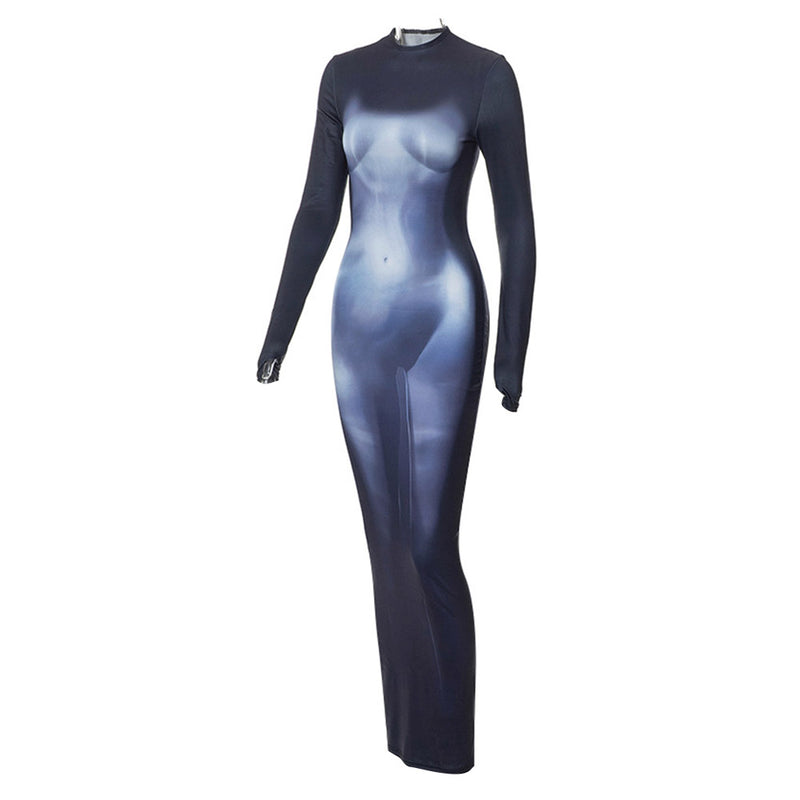 Y2k 3D Body Print Maxi Dress Long Sleeve Stretchy Midi Dress body print dress Cosplay Costume Outfits Halloween Carnival Suit