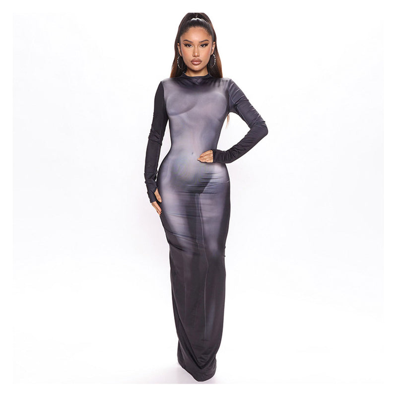 Y2k 3D Body Print Maxi Dress Long Sleeve Stretchy Midi Dress body print dress Cosplay Costume Outfits Halloween Carnival Suit