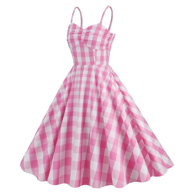 Movie Barbie:Csotume Pink Plaid Dress Beach Dress  Outfits Halloween Carnival Cosplay Costume