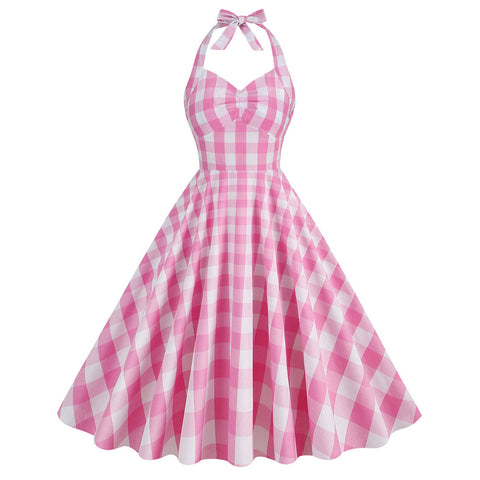 SeeCosplay BarB Pink Style Margot Pink Plaid Dress Summer Beach Halloween Carnival Cosplay Costume BarBStyle