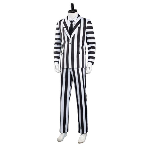 SeeCosplay Beetlejuice Adam Men Black and White Striped Suit Jacket Shirt Pants Outfits Halloween Carnival Costume Cosplay Costume