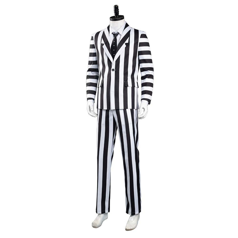 Beetlejuice:Costume Adam Men Black and White Striped Suit Jacket Shirt Pants Outfits Halloween Carnival Costume Cosplay Costume
