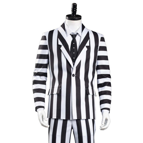 SeeCosplay Beetlejuice Adam Herren schwarz-weiß gestreift Anzug Jacke Hemd Hose Outfits Halloween Karneval Kostüm Cosplay Kostüm