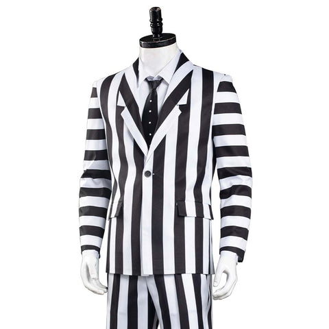 SeeCosplay Beetlejuice Adam Men Black and White Striped Suit Jacket Shirt Pants Outfits Halloween Carnival Costume Cosplay Costume