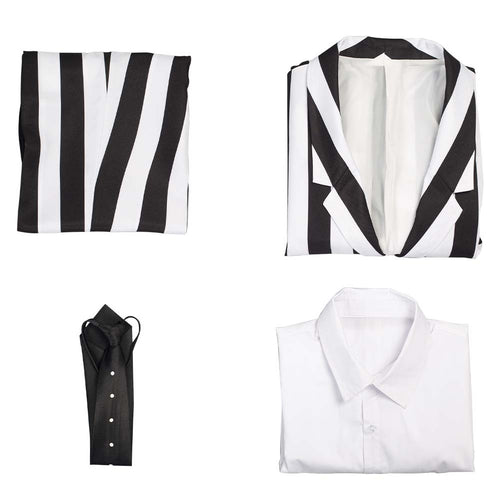 Beetlejuice:   Costume Adam Men Black and White Striped Suit Jacket Shirt Pants Outfits Halloween Costume Cosplay Costume