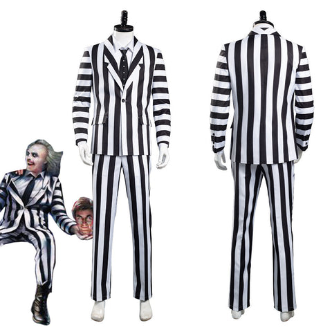 SeeCosplay Movie Beetlejuice Lydia Deetz /Adam Cosplay Costume Red Wedding Dress / Striped Suit Outfits Halloween Carnival Suit Female