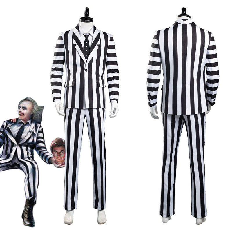 Beetlejuice:Costume Adam Men Black and White Striped Suit Jacket Shirt Pants Outfits Halloween Carnival Costume Cosplay Costume