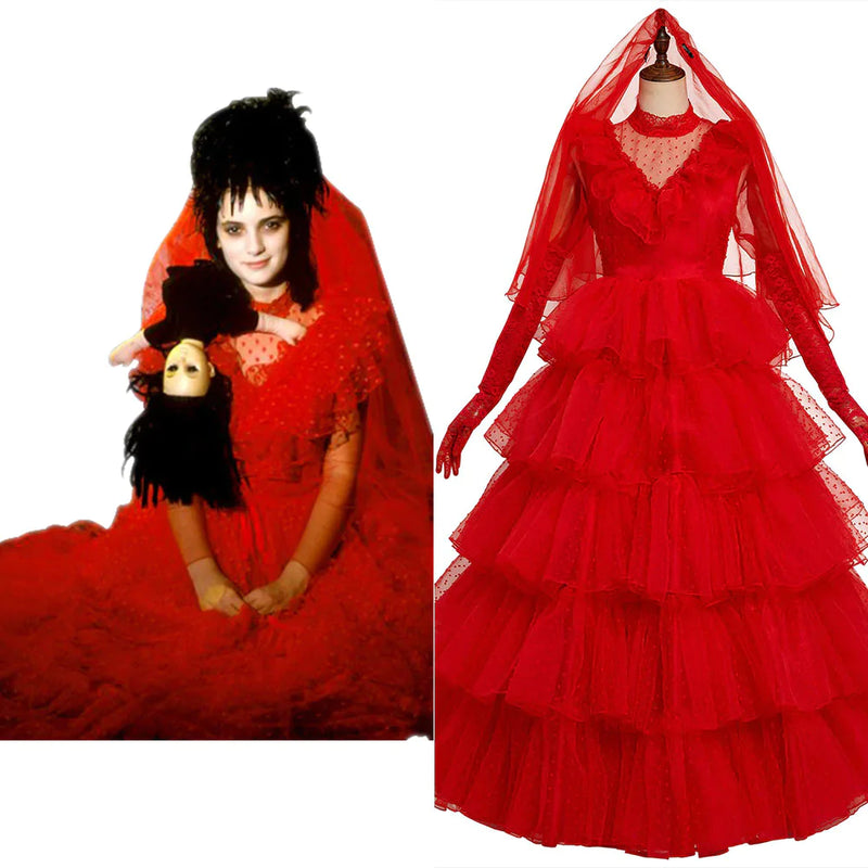 Movie Beetlejuice:Costume Lydia Deetz /Adam Cosplay Costume Red Wedding Dress / Striped Suit Outfits Halloween Carnival Suit Female