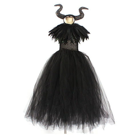 SeeCosplay 5Pcs Set Kids Girls Maleficent Cosplay Costume Dress Headband Outfits Halloween Carnival Suit