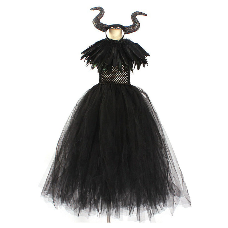 SeeCosplay 5-teiliges Set Kinder Mädchen Maleficent Cosplay Kostüm Kleid Stirnband Outfits Halloween Karneval Anzug