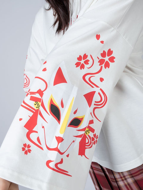 Kapuzenpullover mit Kordelzug und Sakura Fox Mask Print mp006002
