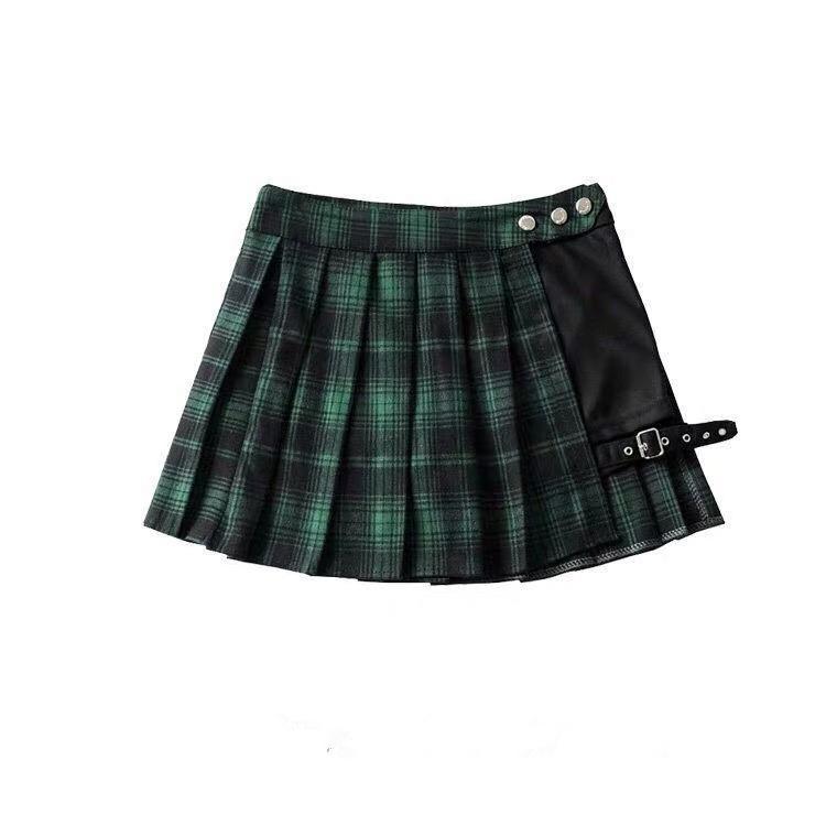 Two-Piece Irregular A-Line Plaid Pleated Skirt