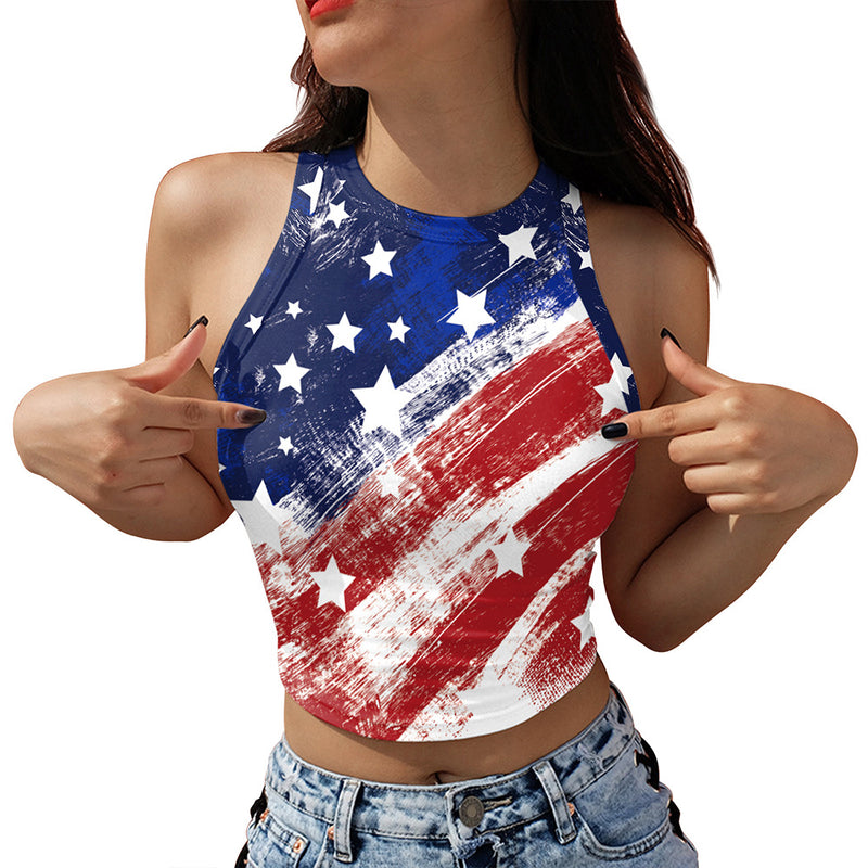 2022 Summer Digital Printing American Independence Day Tight Sexy Top round Neck All-Matching Bottoming Vest for Women
