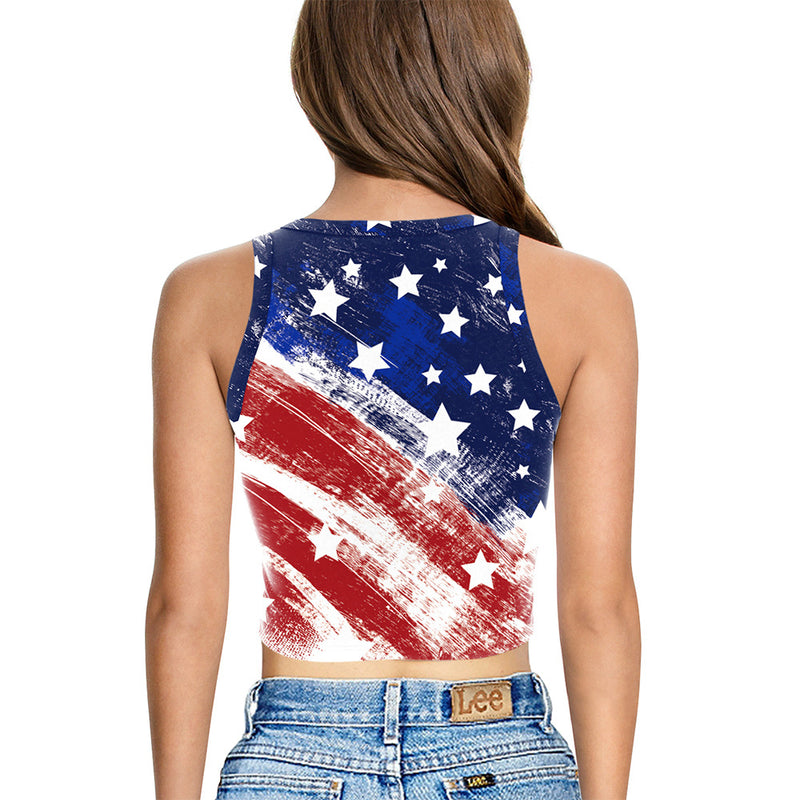 2022 Summer Digital Printing American Independence Day Tight Sexy Top round Neck All-Matching Bottoming Vest for Women