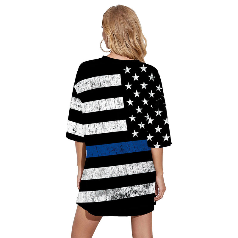 2022 New Summer American Independence Day Frauen Langes T-Shirt plus Größe Beiläufiges Loses Digital Bedrucktes T-Shirt