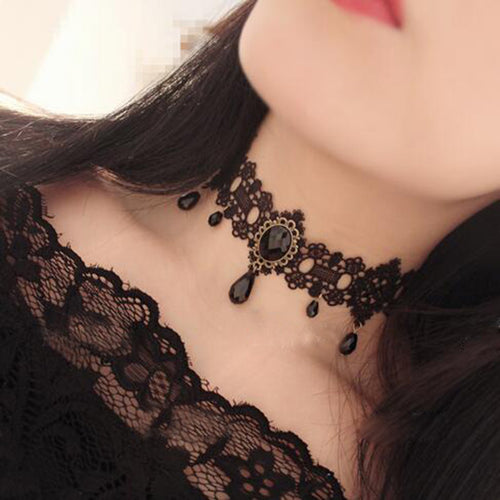 Medieval Renaissance Costume:   Black Necklace Gothic Steampunk Choker Women Sex Lace Collar Goth Jewelry Accessories