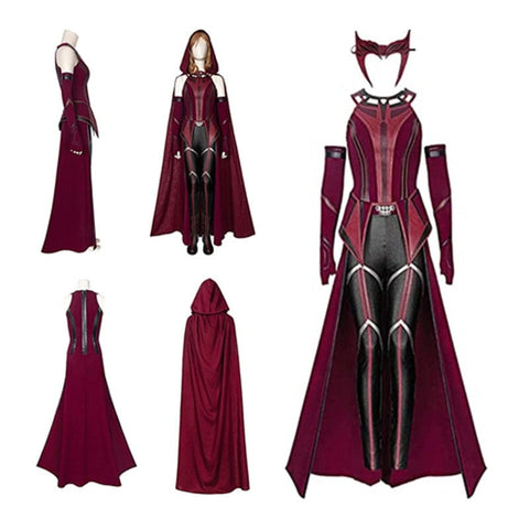Female Wanda Maximoff Cosplay Costume Scarlet Witch Headwear Cloak and Pants Full Set Outfit Halloween Accessories Props