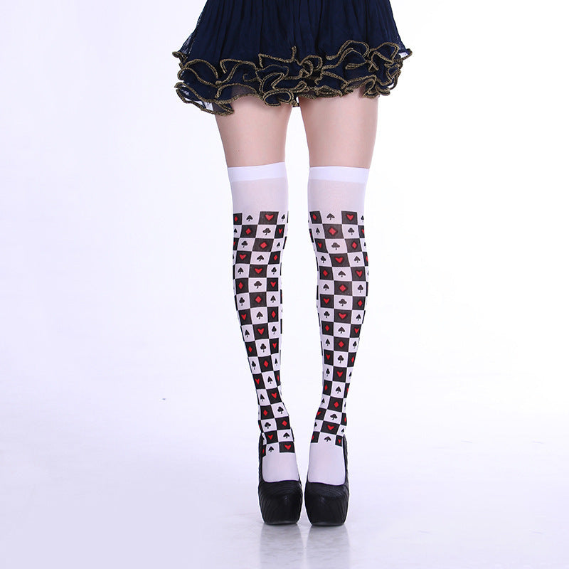 Seecosplay Summer Halloween Print High Tube Over The Knee Socks Poker Long Tube Party Role Dance Stockings Sexy Red Heart for Women