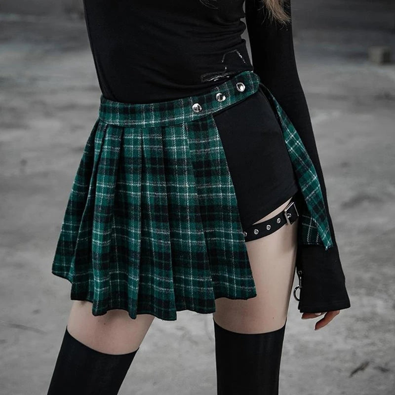 Two-Piece Irregular A-Line Plaid Pleated Skirt
