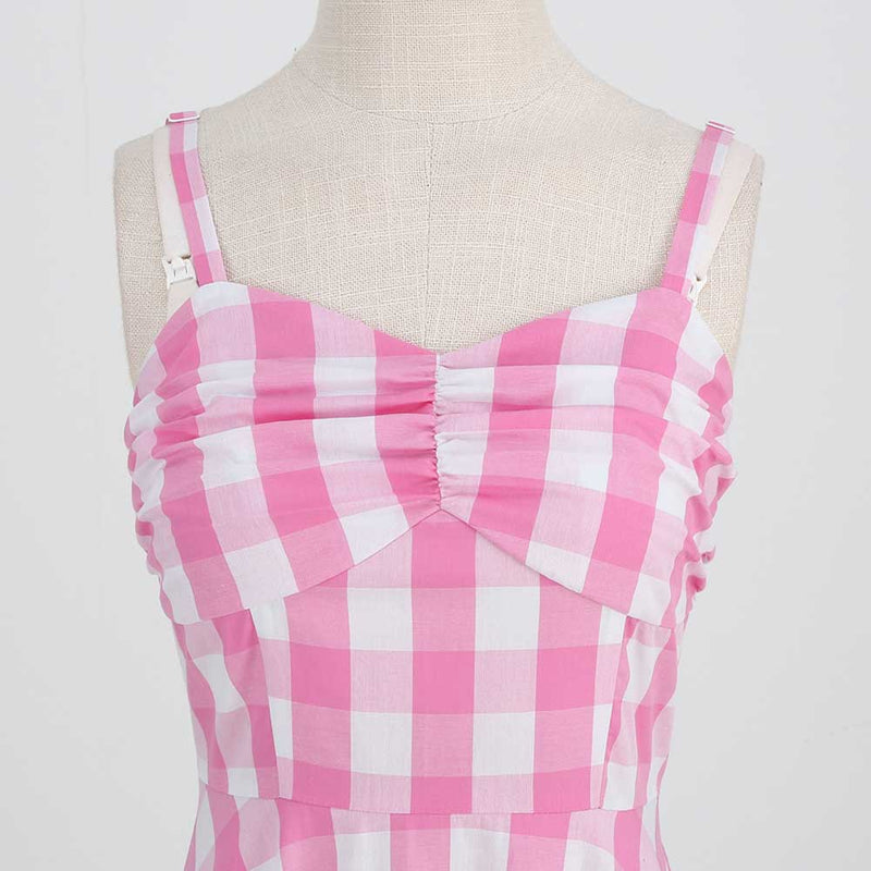 Movie Barbie:Csotume Pink Plaid Dress Beach Dress  Outfits Halloween Carnival Cosplay Costume