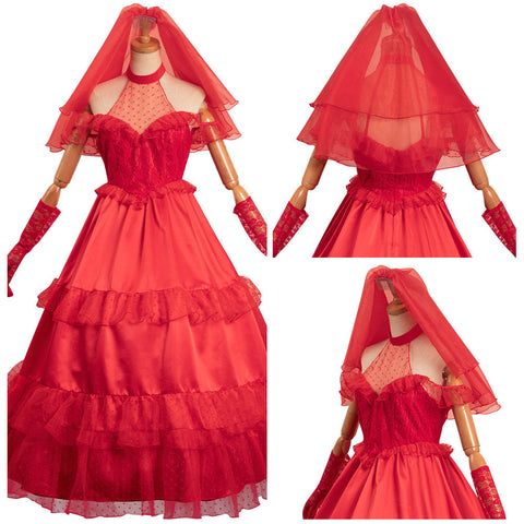 Beetlejuice Lydia Deetz Original Design Red Silks Sexy Adult Wedding Dress Party Carnival Halloween Cosplay Costume Female