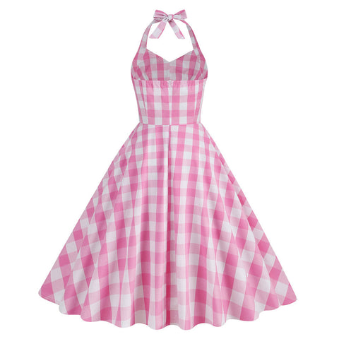 SeeCosplay BarB Pink Style Margot Pink Plaid Dress Summer Beach Halloween Carnival Cosplay Costume BarBStyle